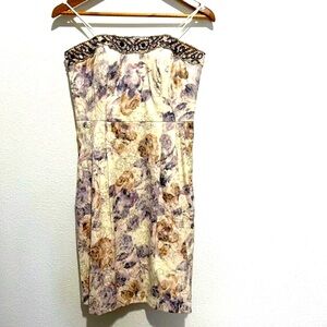 Oleg Cassini Strapless Floral Dress in Cream, Purple, Brown
